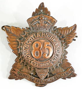 Canada WWI 85th Infantry Battalion Nova Scotia: [Canada, Military] Canada WWI 85th Infantry Battalion Nova Scotia Highlanders Cap Badge Tiptaft Type made by Tiptaft with solid areas at the base of the leaf. Nice, bright copper surfaces, slight