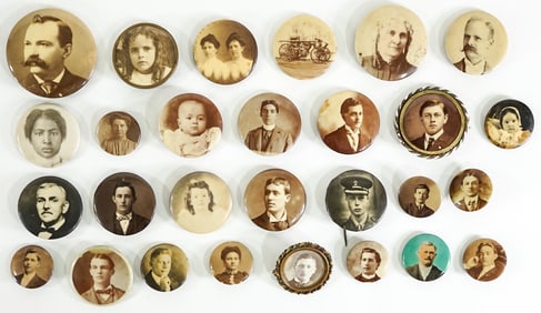 (28) Antique Celluloid Portrait Pinback Buttons