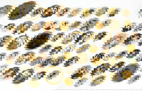 Large Group of Antique Pinback Buttons: Large Group of Antique Pinback Buttons and other small antique photographic images. They measure .875-1.8125 inches diameter. Mixed condition. The absence of a condition report does not imply that the