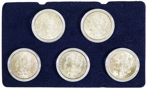 (5) U.S. Morgan Silver Dollars: (5) U.S. Morgan Silver Dollars. Includes 1921, 1904-O, 1896, 1897-S and 1881-S. The absence of a condition report does not imply that the lot is in perfect condition or completely free from wear and t