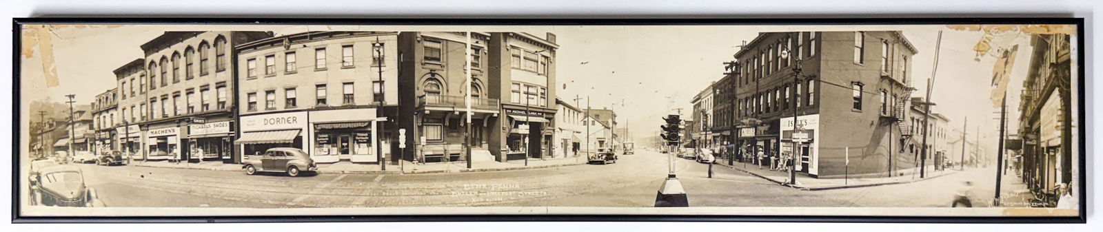 1944 Etna, PA Street Scene Panoramic Real Photo: 1944 Etna, Pennsylvania Street Scene Panoramic Real Photo by W.W. Beaudry. Measures 8 x 42.5 inches image size. Professionally framed under plexiglass and measures 8.25 x 42.75 x .75 inches total. As-