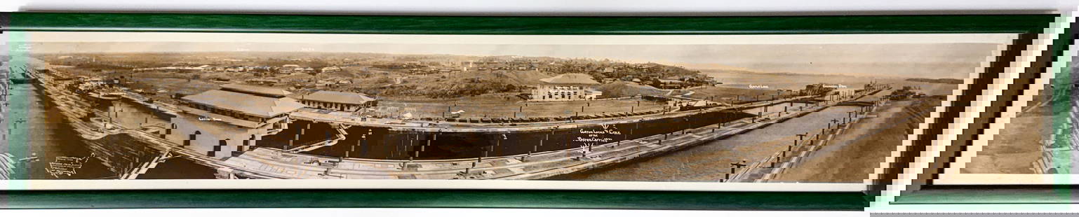 1927 Panama Canal Real Photo Panoramic Photo: 1927 Panama Canal Real Photo Panoramic Photo by National Photo Service (Gatun Lock and Lake). Measures 8 x 49.5 inches image size. Professionally framed under plexiglass and measures 9.375 x 51 x .5 i