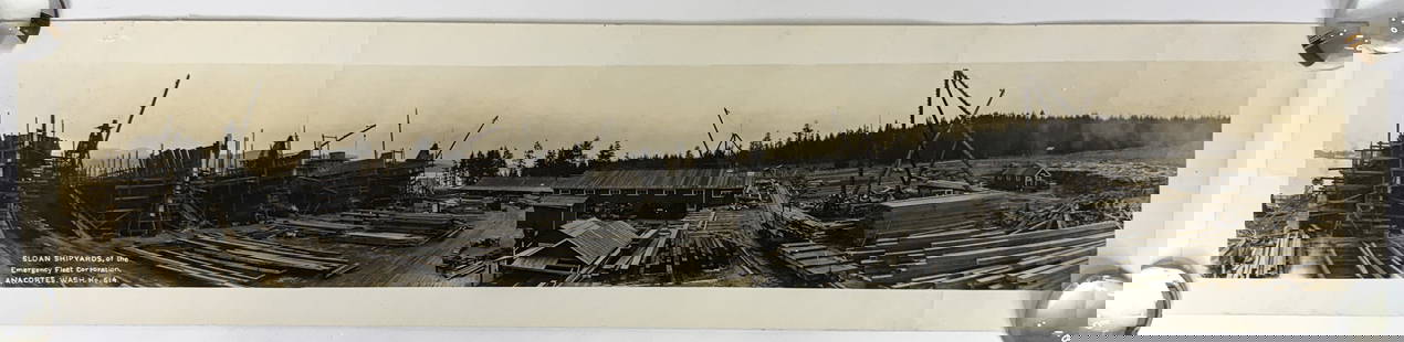 Sloan Shipyards (Anacortes, Washington) Photo: Sloan Shipyards (Anacortes, Washington) Panoramic Real Photo. Measures 8 x 36 inches, unframed. There are several vertical creases right side and small tears upper left margin. The absence of a condit