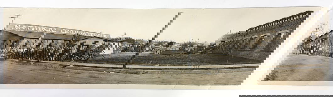 National Lead Battery Co. Real Photo Panoramic: National Lead Battery Co. Panoramic Real Photo. Measures 8 x 32.5 inches, unframed. G-VG with small tears. The absence of a condition report does not imply that the lot is in perfect condition or comp