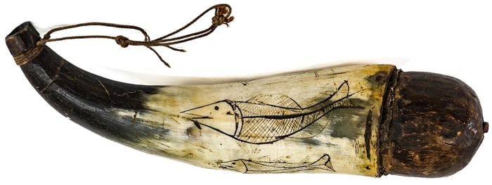 Folk Art Carved 9.5IN Powder Horn