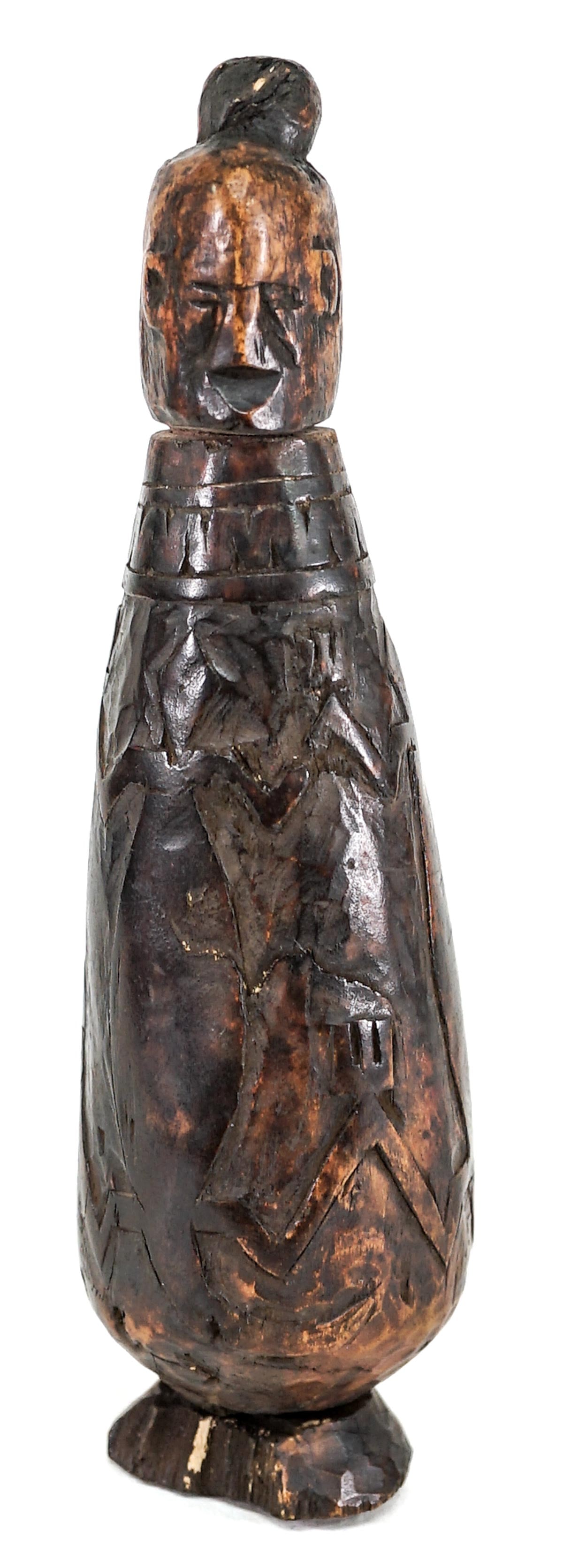 Unusual Carved 6IN Wood Flask w/Stopper: Unusual carved wood flask with stopper measures 6.25 in. tall. Lot measures 6.25 in. H x 1.75 in. W x 1.75 in. D for shipping purposes only. The absence of a condition report does not imply that the l