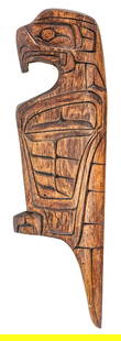 G. Mountain SIGNED 12IN Eagle Carving [Kwakiutl]: First Nations G. Mountain (Kwakiutl, B. C.) signed wood carved eagle. Measures 11.75 in. x 3.75 in. x .75 in. Carving measures 11.75 in. H x 3.75 in. W x .75 in. D for shipping purposes only. The abse