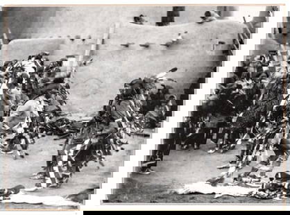 B.G. RANDALL PHOTOGRAPH, GIVEAWAY DANCE: Mat framed print made from B. G. Randall's original photograph . Photograph depicts Native American Indians dancing, originally taken by B.G. Randall c. 1905 in Taos , New Mexico. Site size measures 4