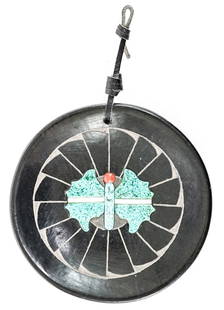 Robert Homer SIGNED Hopi Pottery Plate Butterfly: Hopi/Zia handmade pottery signed underside and dated 11/09/89. Small plate with leather hanger measures 4 in. diameter. Butterfly is made of turquoise, coral and Mother of Pearl. Lot measures 4 in. H