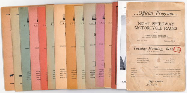 1930's Motorcycle Racing Programs (15 pcs): 1930's Motorcycle Racing programs to include 1. Tri-City Stadium (July 10, 1935, Union, New Jersey), scored in pencil, F-G/G condition. 2. August 15, 1937, Miller Stadium, West New York, New Jersey),
