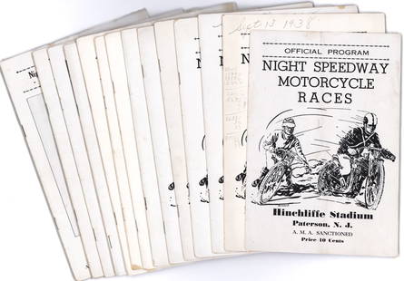 1938 Motorcycle Racing Programs (14 pcs).: 1938 Motorcycle Racing Programs (14 pcs). All Night Speedway Motorcycle Races at Hinchliffe Stadium, Patterson, New Jersey. The absence of a condition report does not imply that the lot is in perfect