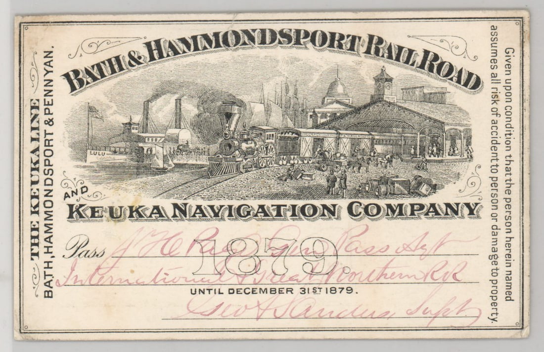 1879 Bath & Hammondsport Railroad Pass (1 of 2)