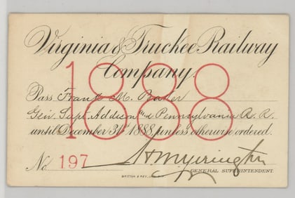 1888 Virginia & Truckee Railway Company Pass