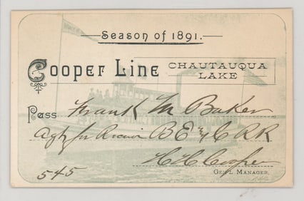 Cooper Line Chautauqua Lake 1891 Railroad Pass