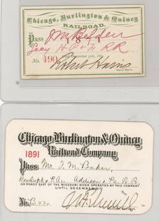 Chicago Burlington & Quincy Railroad Passes (2): Chicago Burlington & Quincy Railroad Passes (2). They measure 1.875 x 3.25 inches and 2.4375 x 3.875 inches. Verso of 1871 has only very slight glue residue, verso of 1891 contains glue residue and sc