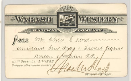 1889 Wabash Western Railway Company Pass