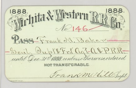 1888 Witchita & Western Railroad Co. Pass