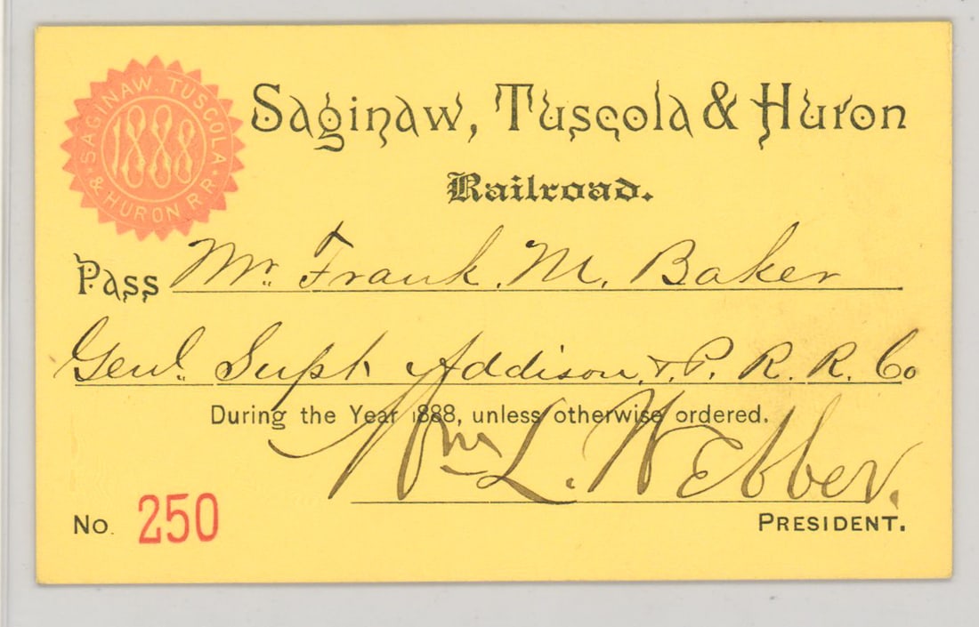 1888 Saginaw, Tuscola & Huron Railroad Pass (1 of 2)