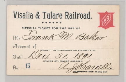1891 Visalia & Tulare Railroad Pass
