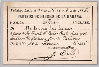 1886 Havana, Cuba Railroad Pass