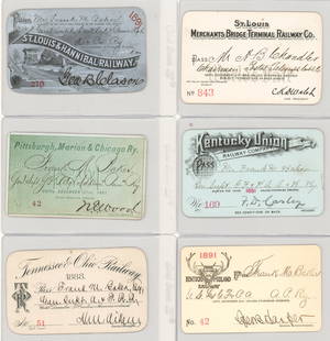 (6) Railroad Passes 1888-1891: (6) Railroad Passes 1888-1891. They measures approximately 2.5 x 4 inches. Verso of five contains glue residue and scrapbook album paper from scrapbook album removal. No creases. Provenance: Pennsylva