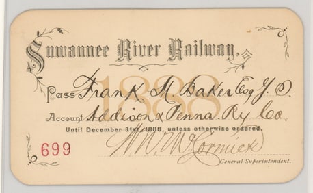 Suwannee River Railway Pass 1888