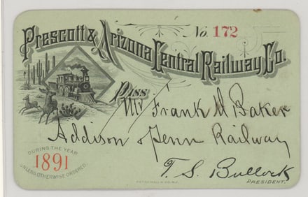 1891 Prescott & Arizona Central Railway Pass