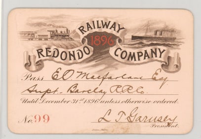 1896 Redondo Railway Company Pass [California]