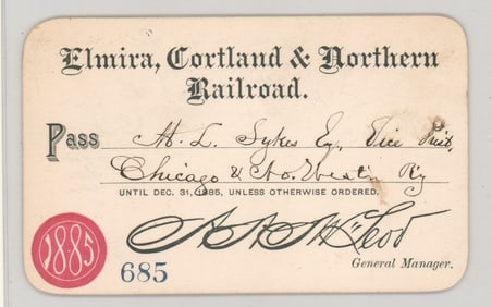 1885 Elmira, Cortland & Northern Railroad Pass