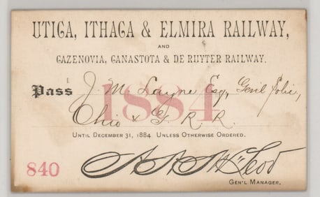 1884 Utica, Ithaca & Elmira Railway Pass