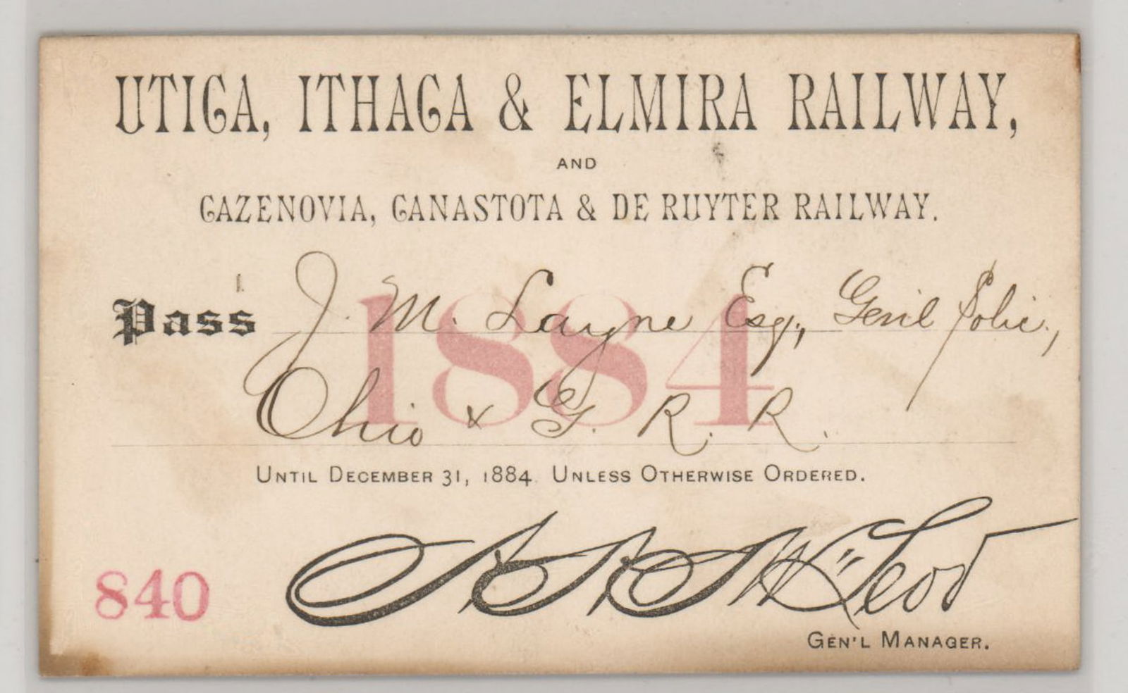 1884 Utica, Ithaca & Elmira Railway Pass (1 of 2)