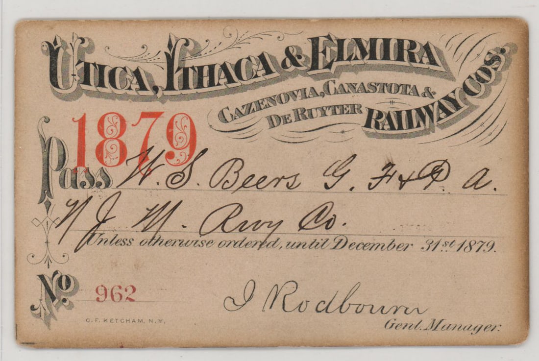 1879 Utica, Ithaca & Elmira Railroad Pass (1 of 2)