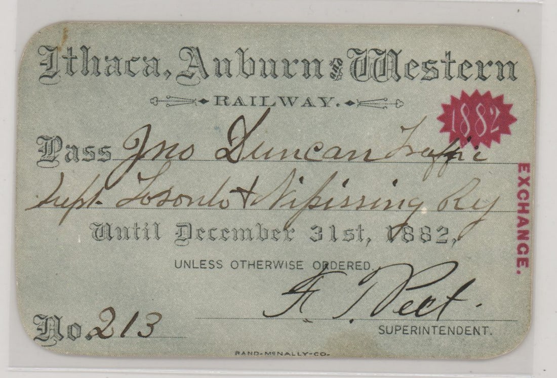1882 Ithaca, Auburn & Western Railway Pass (1 of 2)