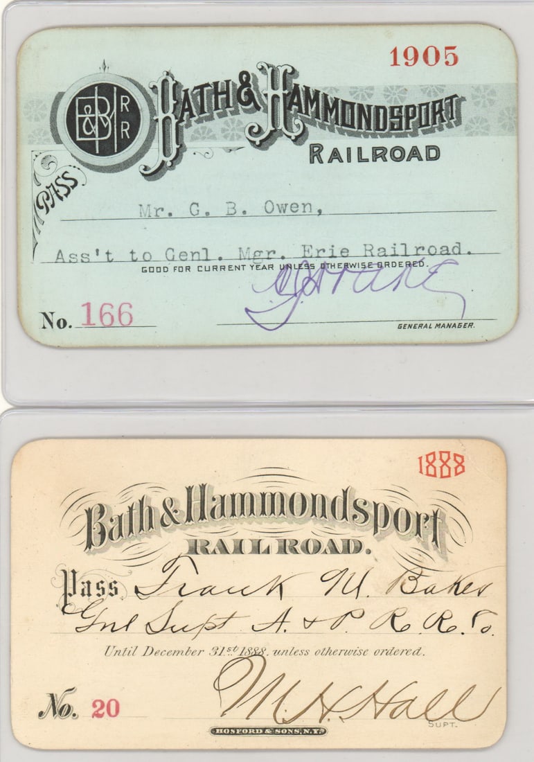 Bath & Hammondsport Railroad Passes (2): 1888 and 1905 Bath & Hammondsport Railroad Passes. B&H Rail Corporation (reporting mark BH, chartered in 1872), formerly the Bath & Hammondsport Railroad, is a Class III shortline railroad. Initially 