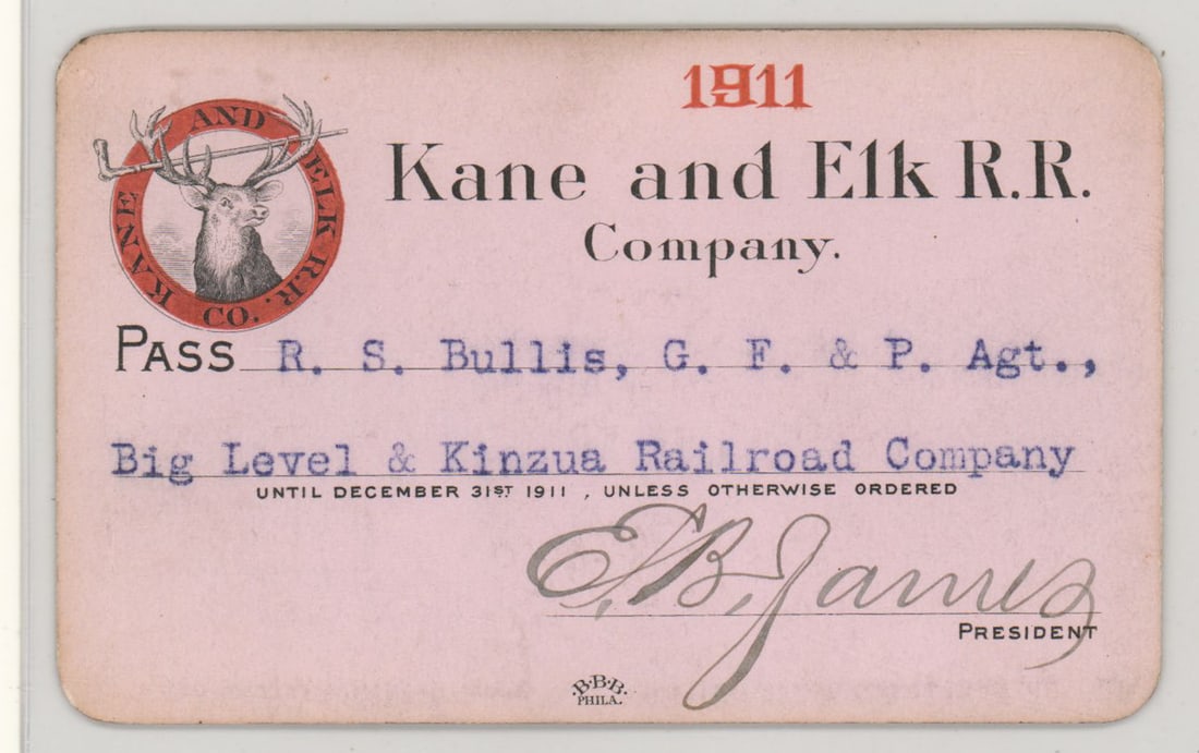 1911 Kane and Elk Railroad Company Pass: 1911 Kane and Elk Railroad Company Pass. Measures 2.5 x 4 inches. Verso has very slight glue residue at top corners only. No creases. Provenance: Pennsylvania Private Collection. The absence of a cond