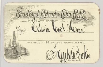 1891 Bradford Eldred and Cuba Railroad Pass
