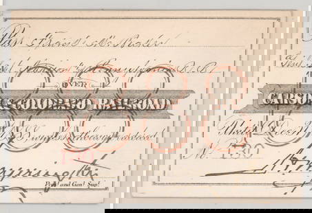 1888 Carson & Colorado Railroad Pass: 1888 Carson & Colorado Railroad Pass. Measures 2.5 x 3.875 inches. Verso has glue residue and scrapbook album paper from scrapbook album removal. No creases. Provenance: Pennsylvania Private Collectio
