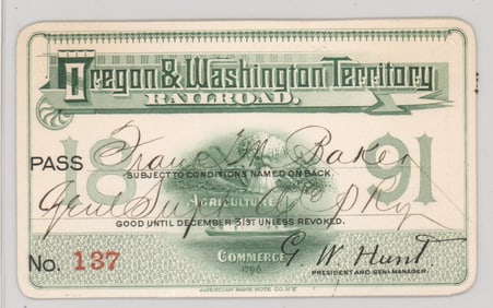 1891 Oregon & Washington Territory Railroad Pass