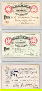 Pennsylvania and New York Canal & Railroad Passes: Pennsylvania and New York Canal & Railroad Passes (1877, 1882, 1887). They measure approximately 2.5 x 4 inches. All three are in VG-EX/EX condition. No creases. Provenance: Pennsylvania Private Colle