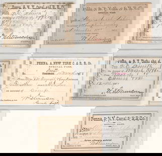 Pennsylvania and New York Canal & Railroad Passes: 1885-1888 Pennsylvania and New York Canal & Railroad Passes (5). They measure approximately 2.25 x 3.75 inches to 2.625 x 4.25 inches. Mixed condition. Provenance: Pennsylvania Private Collection. The