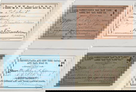 Pennsylvania and New York Canal Railroad Passes: 1883-1888 Pennsylvania and New York Canal & Railroad Passes (4). They measure approximately 2.25 x 3.75 inches to 2.625 x 4 inches. Mixed condition, verso clean on all four. Provenance: Pennsylvania P