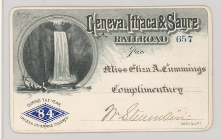 1884 Geneva Ithaca & Sayre Railroad Pass