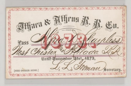 1873 Ithaca & Athens Railroad Co. Pass