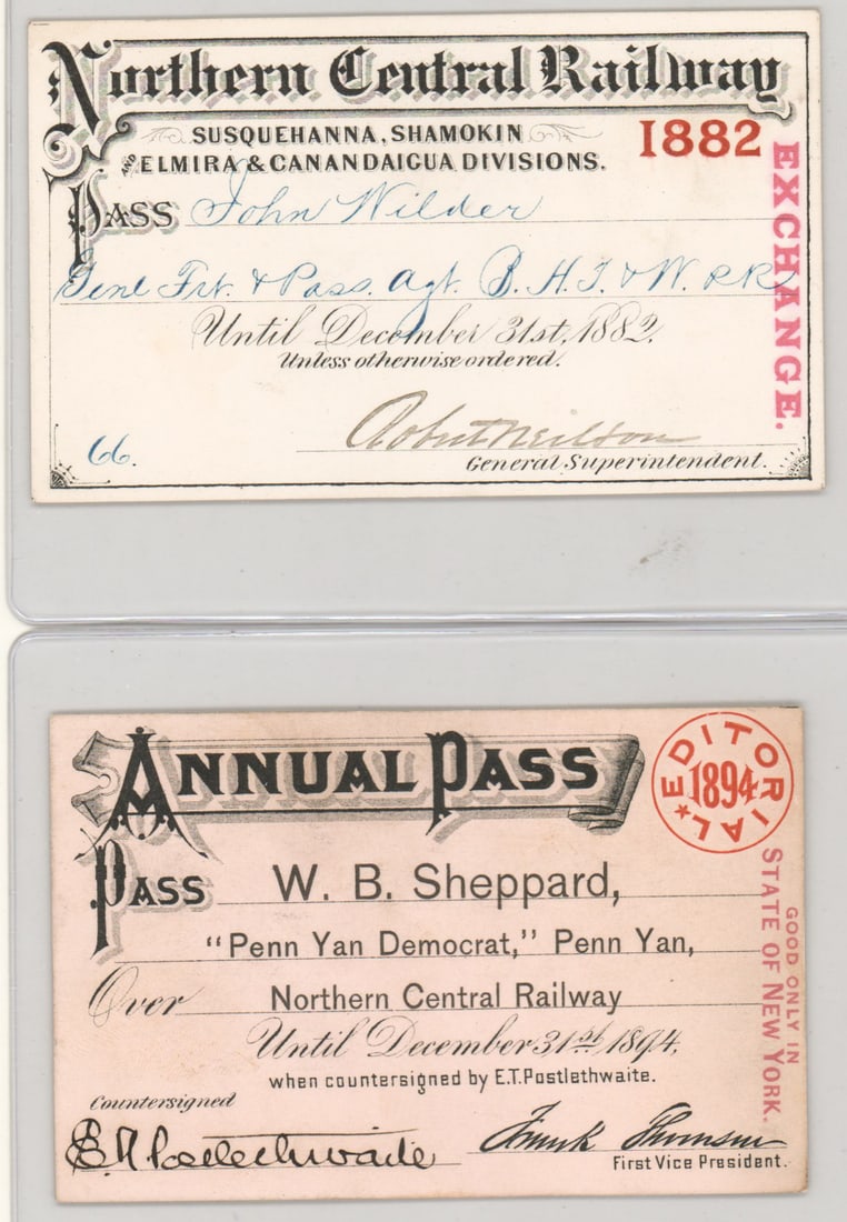 1882 & 1894 Northern Central Railway Passes (1 of 5)