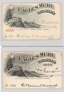 1895 & 1899 Eagles Mere Railroad Passes: They measure approximately 2.5 x 4 inches. Both have paper loss verso, see scans. No creases. Provenance: Pennsylvania Private Collection. The absence of a condition report does not imply that the lot