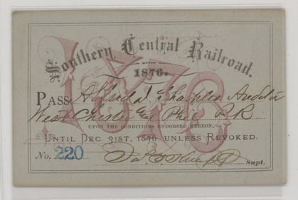 1876 Southern Central Railroad Pass