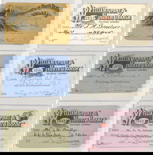 Williamsport & North Branch Railroad Passes (6): 1893, 1894, 1896, 1911, 1912 and 1913 Williamsport & North Branch Railroad Passes (6). They measure approximately 2.5 x 4 inches. Three are in excellent condition (1911-13), three have paper loss vers