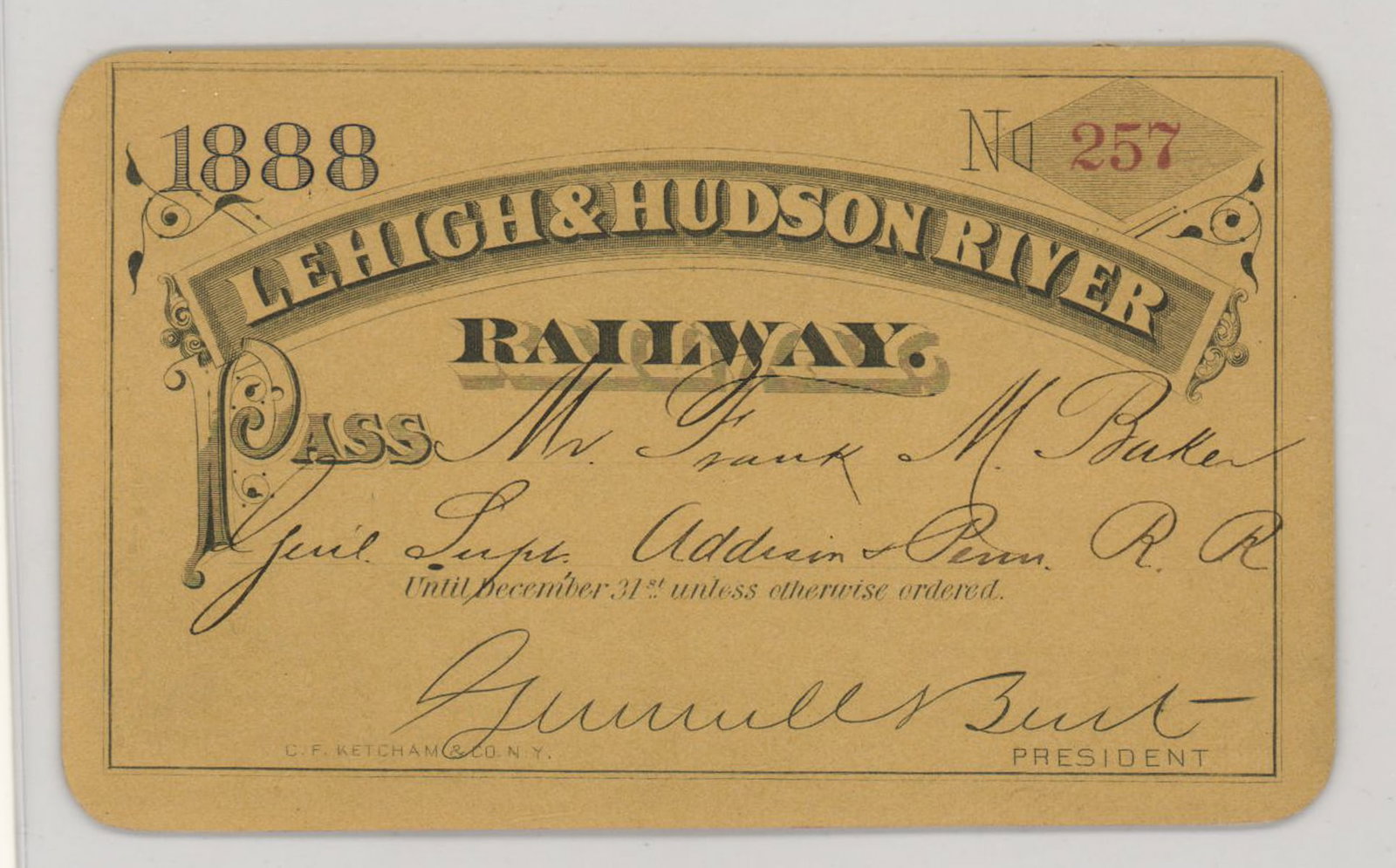 1888 Lehigh & Hudson River Railway Pass (1 of 2)