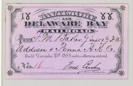 1888 Baltimore and Delaware Bay Railroad Pass
