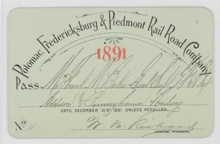 1891 Potomac, Fredericksburg & Piedmont Railroad